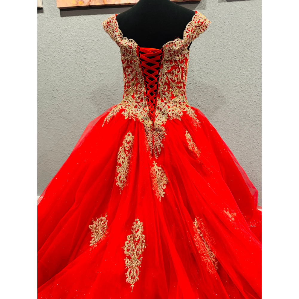 Chicas Red & Gold Ball Gown Dress | Size Large | Off-Shoulder Glitter Tulle - Picture 8 of 16